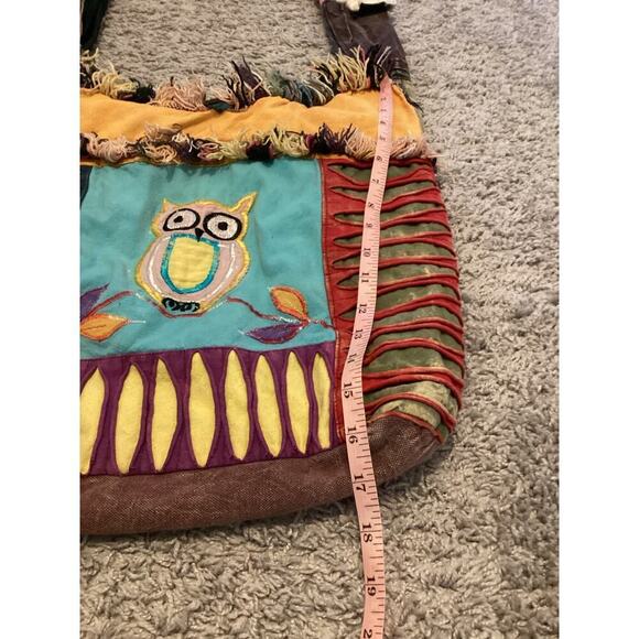 Fabric Owl Hobo Bag Cotton Blue Brown Hippie Bohemian Indie Emo Crow Patchwork - Picture 11 of 12